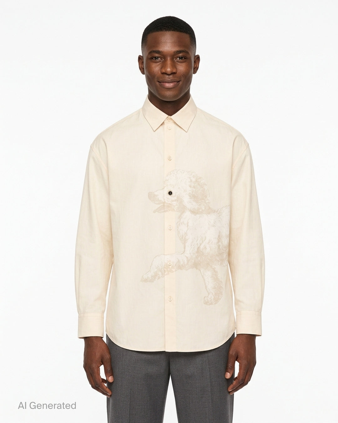 Jacquemus Pisco long sleeve cream shirt with an oversized tonal poodle print and a contrast dark button at the eye - front