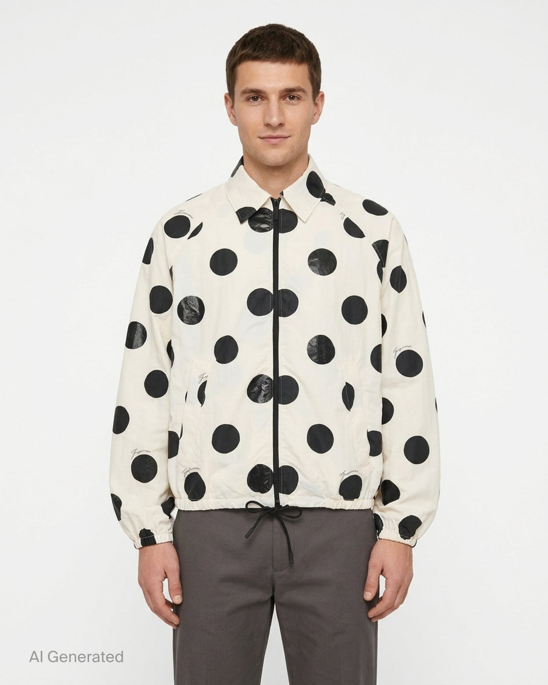 Jacquemus Le Palmier cream windbreaker jacket with large black polka dots, zip front, collar and drawstring hem - front