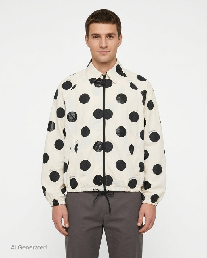 Jacquemus Le Palmier cream windbreaker jacket with large black polka dots, zip front, collar and drawstring hem - front