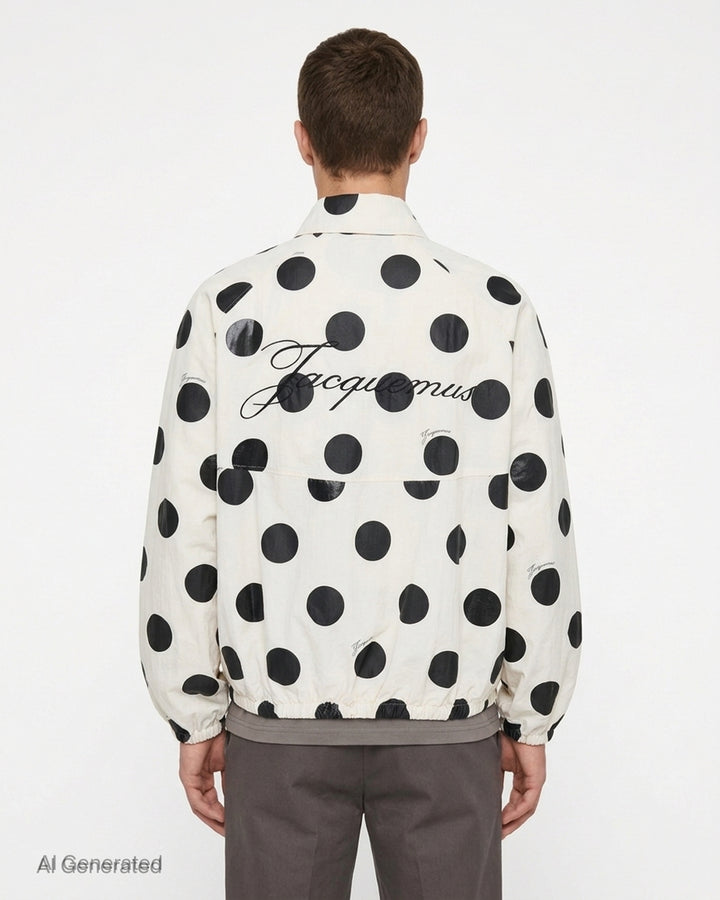 Jacquemus Le Palmier cream windbreaker jacket with large black polka dots, zip front, collar and drawstring hem - back