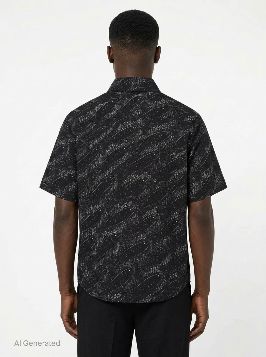 Jacquemus La Chemise Rio short sleeve shirt in black with an all-over white hand-drawn fish print and mother-of-pearl button fastening - back