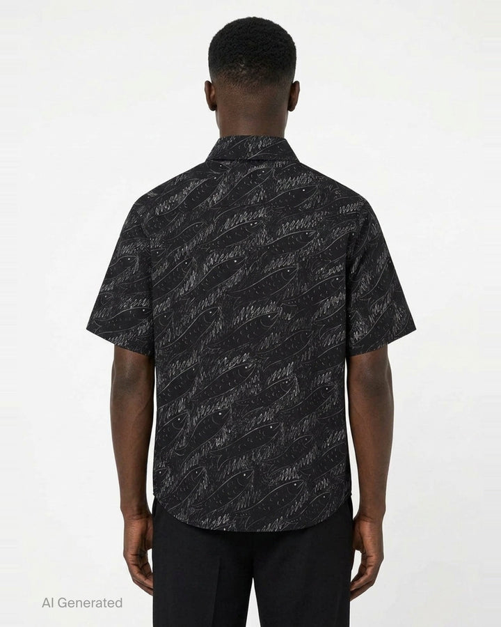 Jacquemus La Chemise Rio short sleeve shirt in black with an all-over white hand-drawn fish print and mother-of-pearl button fastening - back
