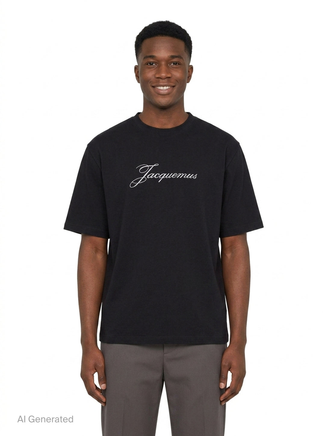 Jacquemus black oversized short sleeve tee with embroidered cursive script logo across the chest - front