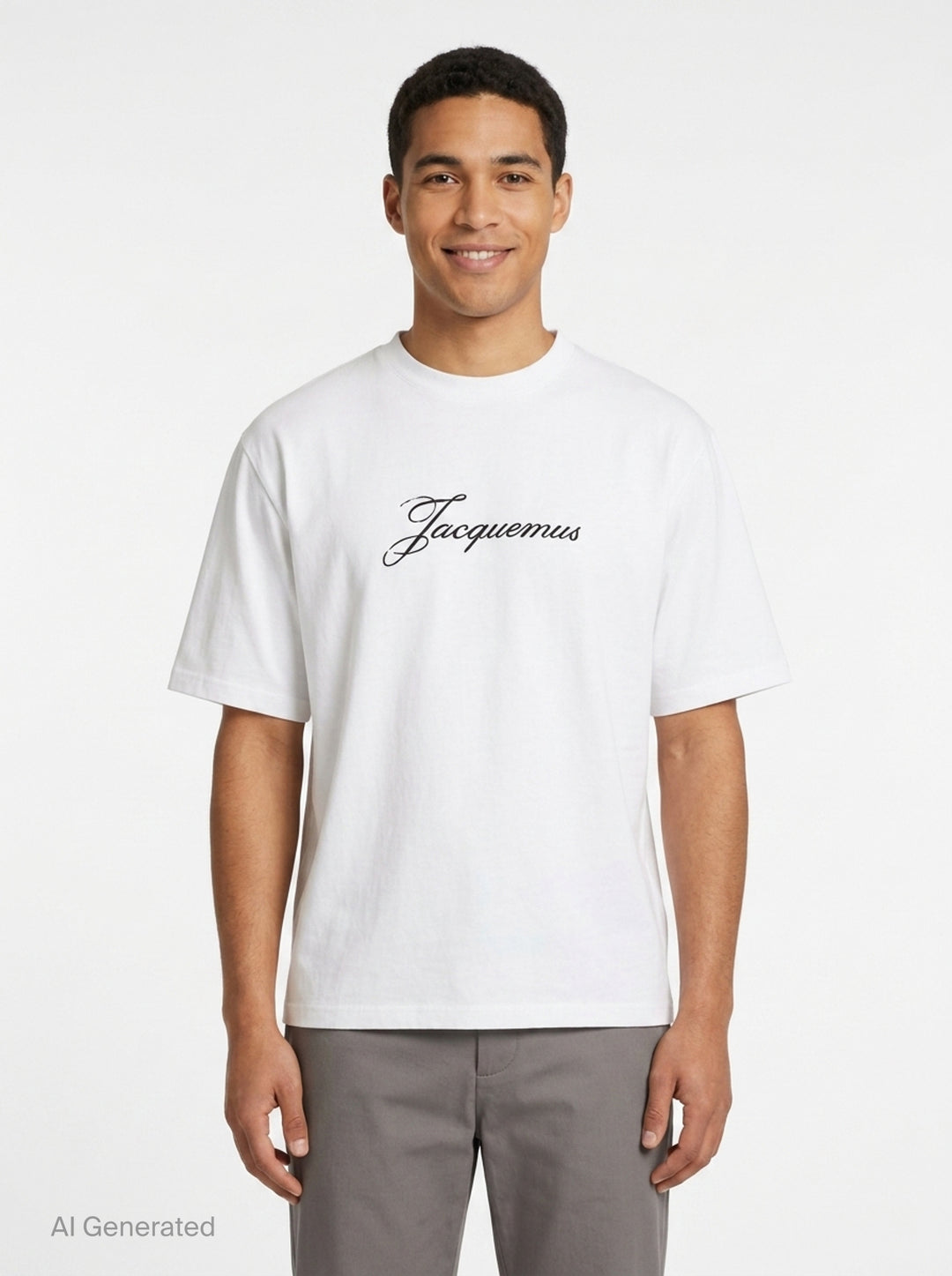 Jacquemus white oversized crew neck tee with distressed cursive Jacquemus script logo print across the chest - front