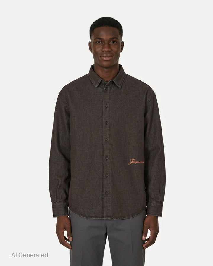 Jacquemus Simon long sleeve denim shirt in washed brown with button-down collar and orange embroidered script logo - front