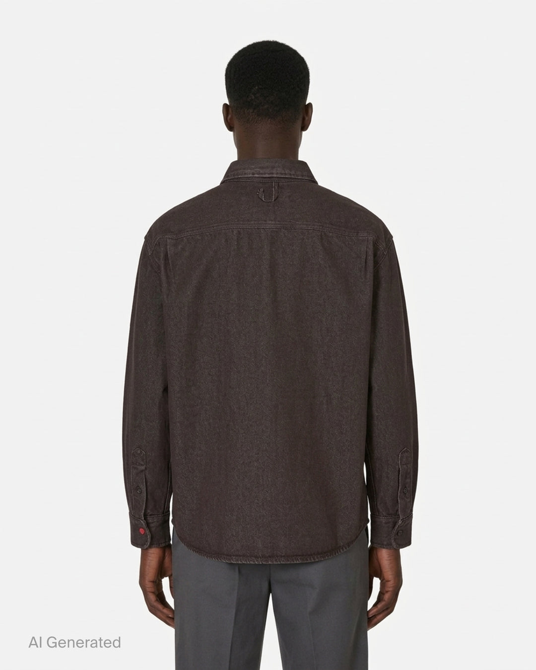 Jacquemus Simon long sleeve denim shirt in washed brown with button-down collar and orange embroidered script logo - back