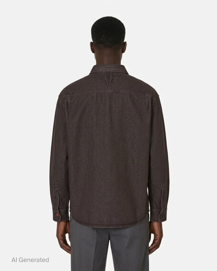 Jacquemus Simon long sleeve denim shirt in washed brown with button-down collar and orange embroidered script logo - back