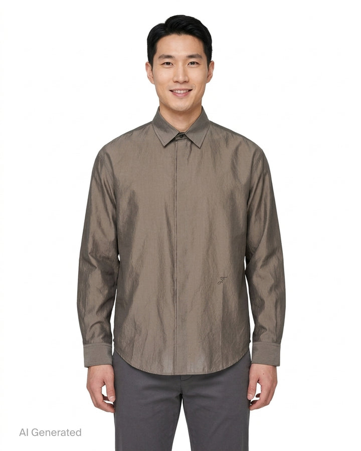Jacquemus Simon long sleeve shirt in lustrous taupe with concealed placket, pointed collar and small embroidered script monogram at the hem - front