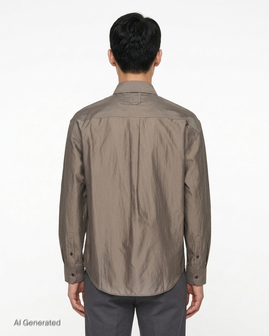 Jacquemus Simon long sleeve shirt in lustrous taupe with concealed placket, pointed collar and small embroidered script monogram at the hem - back