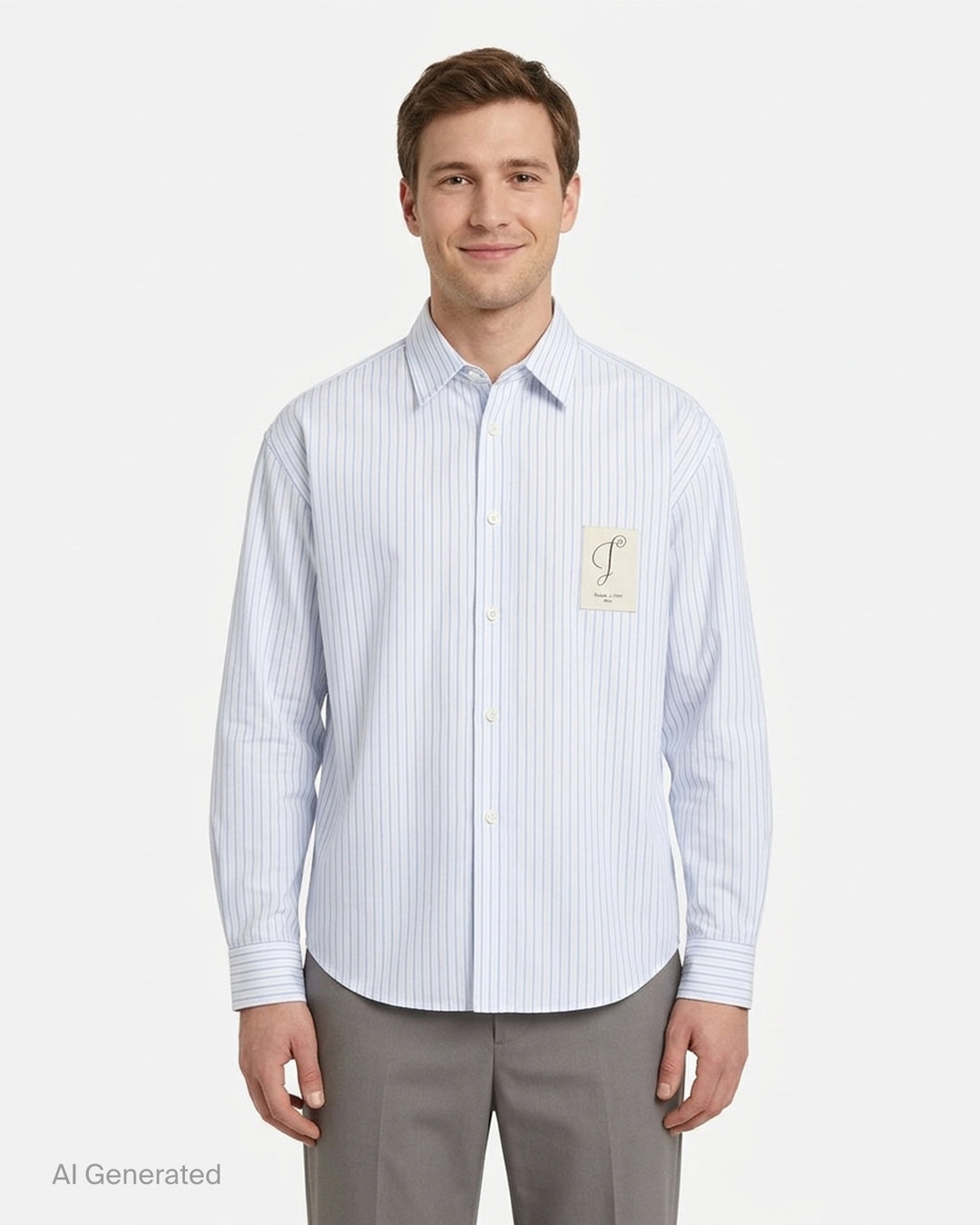 Jacquemus Simon long sleeve shirt in blue and white pinstripe with a script 'J' patch on the chest - front