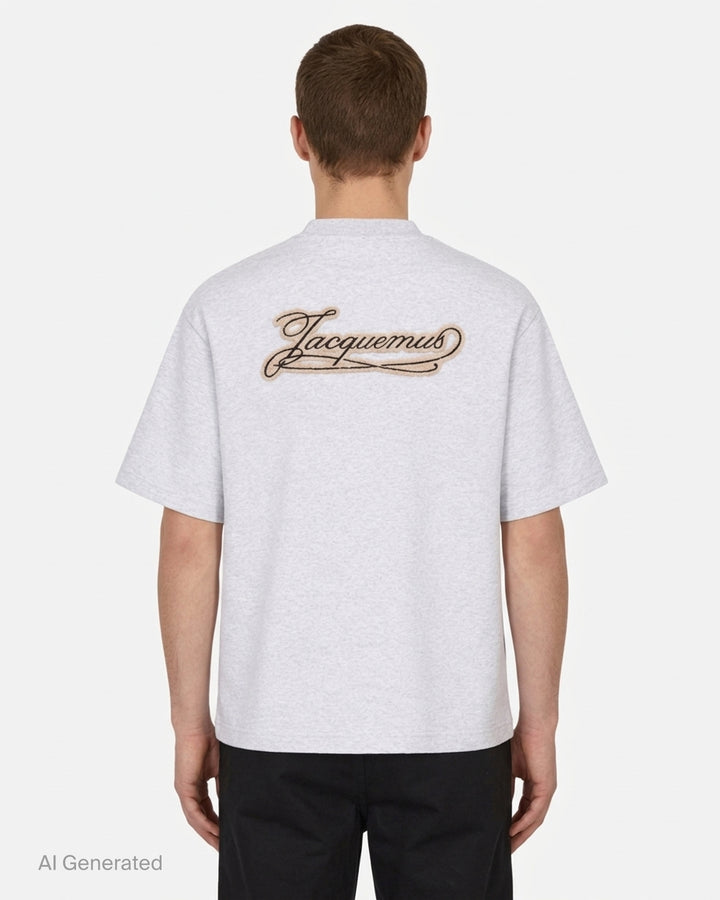 Jacquemus Le T-shirt Torneo short sleeve tee in taupe with a woven botanical label at the hem - back