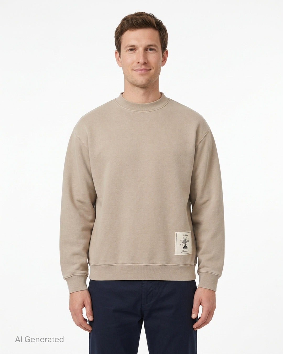 Jacquemus Torneo sweatshirt in taupe with ribbed mock neck and a Le Palmier palm illustration label at the hem - front