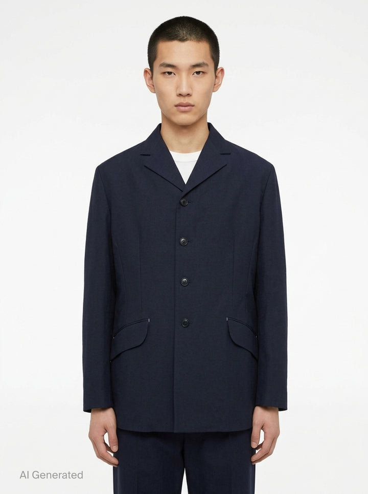 Jil Sander navy fil-a-fil wool jacket with camp collar, four-button fastening, and curved flap pockets with metal hardware — front view on white background - front