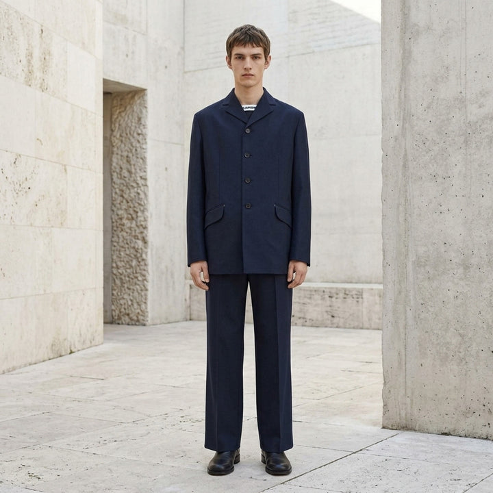 Jil Sander navy fil-a-fil wool jacket with camp collar, four-button fastening, and curved flap pockets with metal hardware — front view on white background - lifestyle