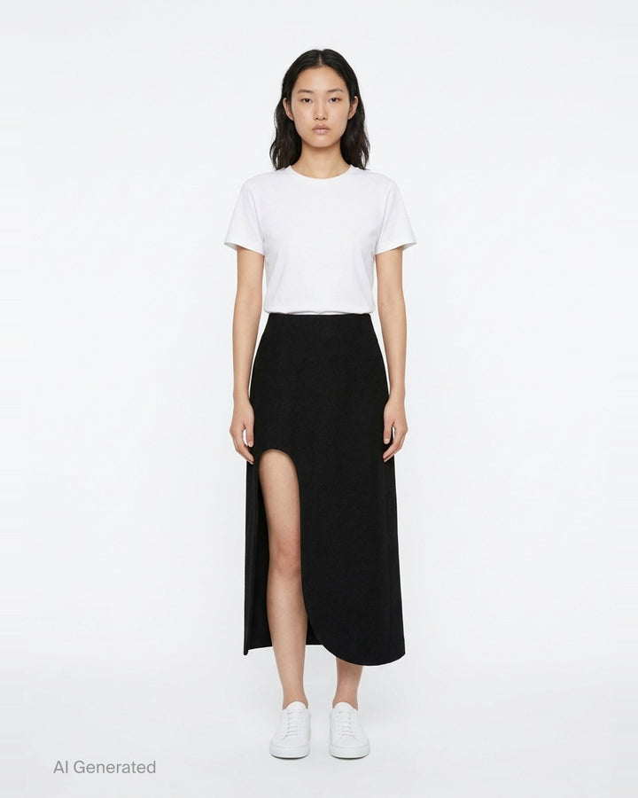 Jil Sander heavy textured sablé black midi skirt with dramatic asymmetric cut-out hem and high-rise waistband, displayed on white background - front