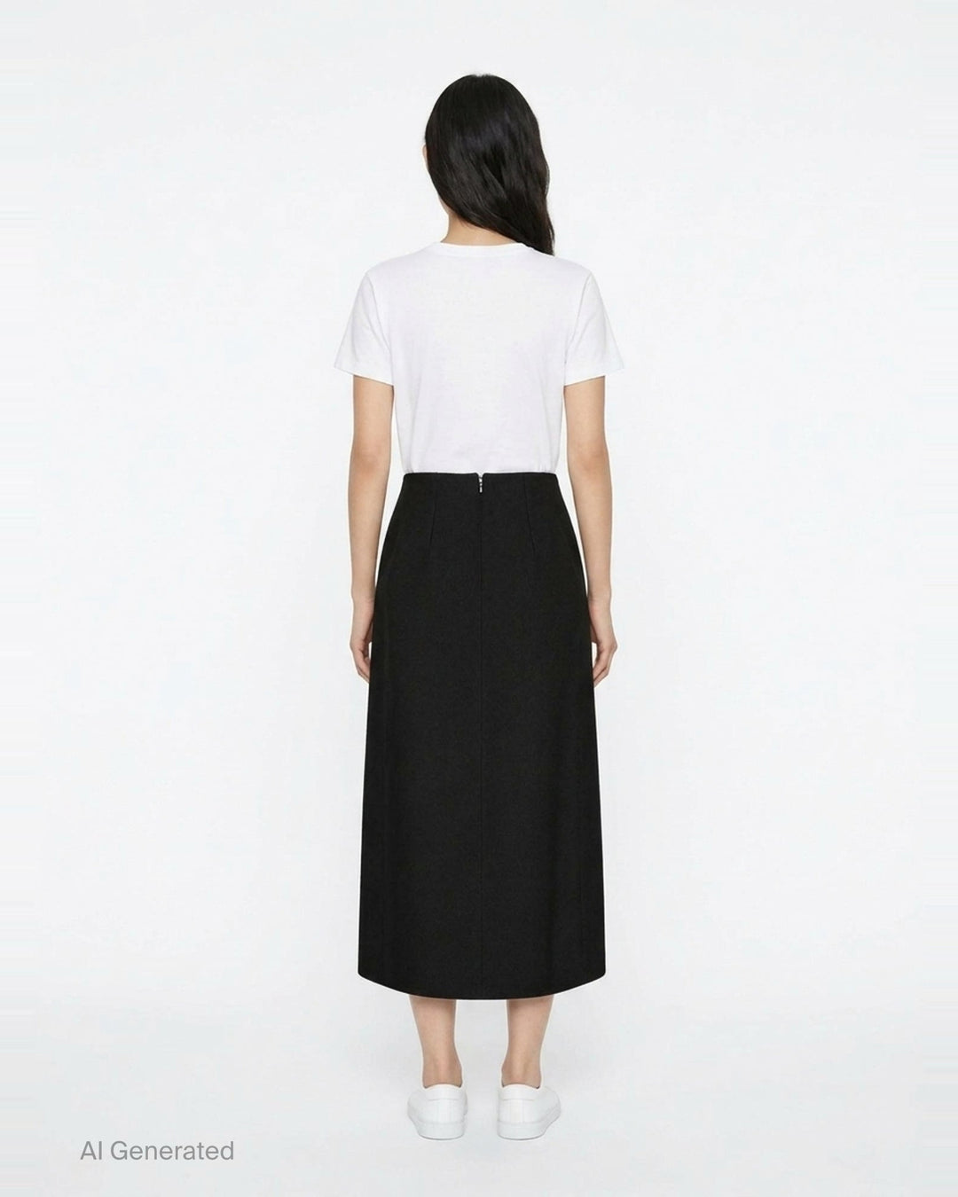 Jil Sander heavy textured sablé black midi skirt with dramatic asymmetric cut-out hem and high-rise waistband, displayed on white background - back