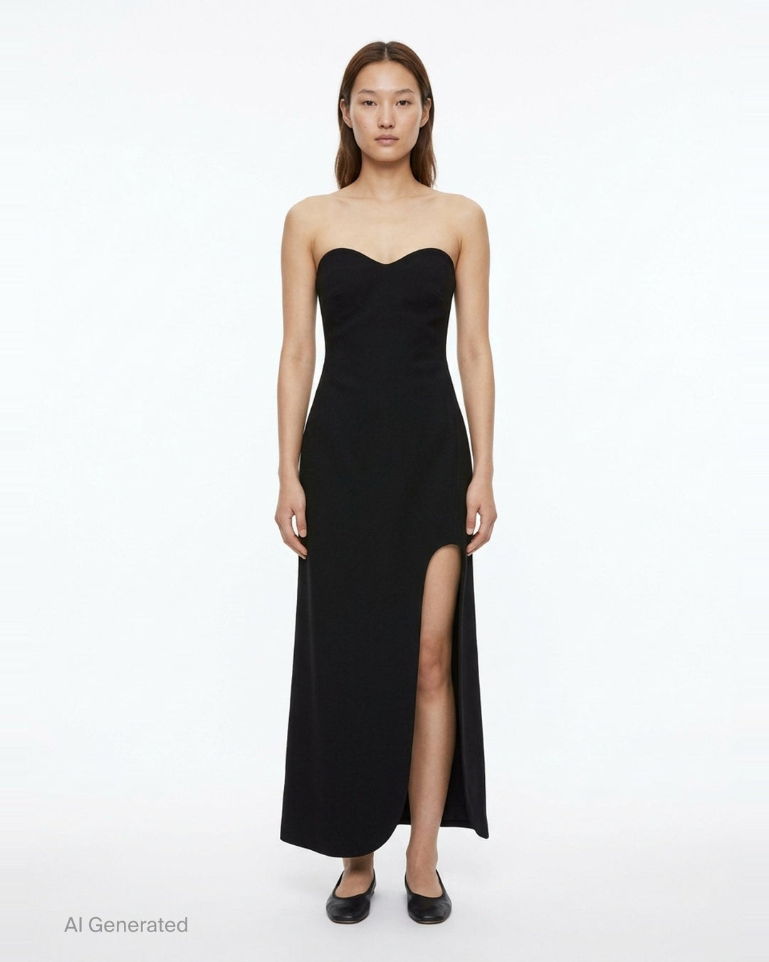 Jil Sander Heavy Textured Sable Gown in black, featuring a structured strapless sweetheart neckline, high slit, and asymmetric hem - front