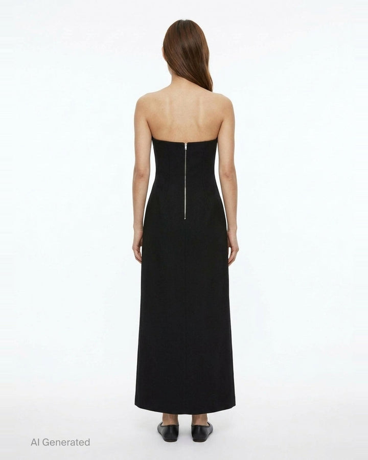 Jil Sander Heavy Textured Sable Gown in black, featuring a structured strapless sweetheart neckline, high slit, and asymmetric hem - back