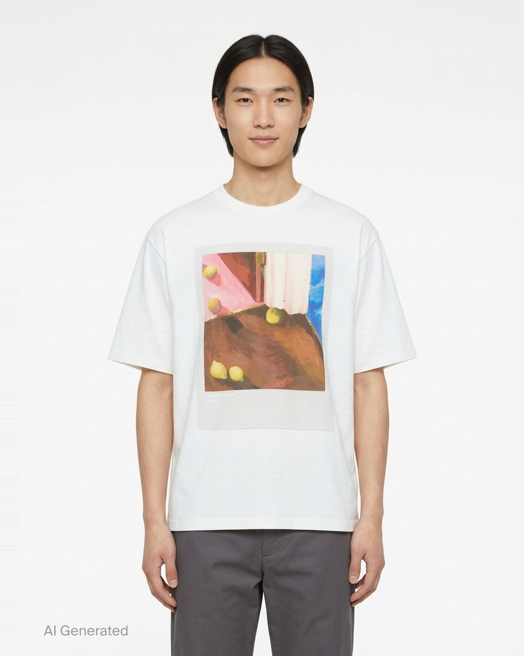 Jil Sander white oversized short sleeve crew neck T-shirt with a painterly still-life print featuring lemons on a terracotta, pink, and blue painted background - front