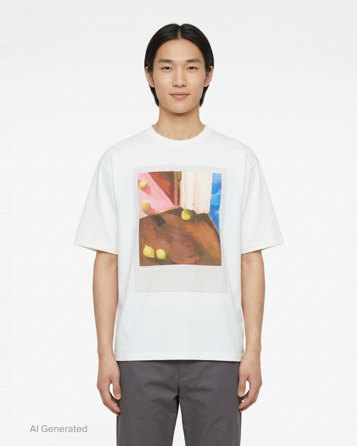 Jil Sander white oversized short sleeve crew neck T-shirt with a painterly still-life print featuring lemons on a terracotta, pink, and blue painted background - front