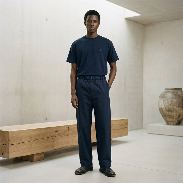 Jil Sander heather grey cotton-cashmere short sleeve crew neck t-shirt with a small navy dot embroidery on the chest and a woven brand label at the back neck - lifestyle