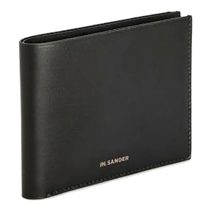 Jil Sander Soft Calf Pocket Wallet in black smooth leather with silver-tone embossed logo lettering on the front face - packshot