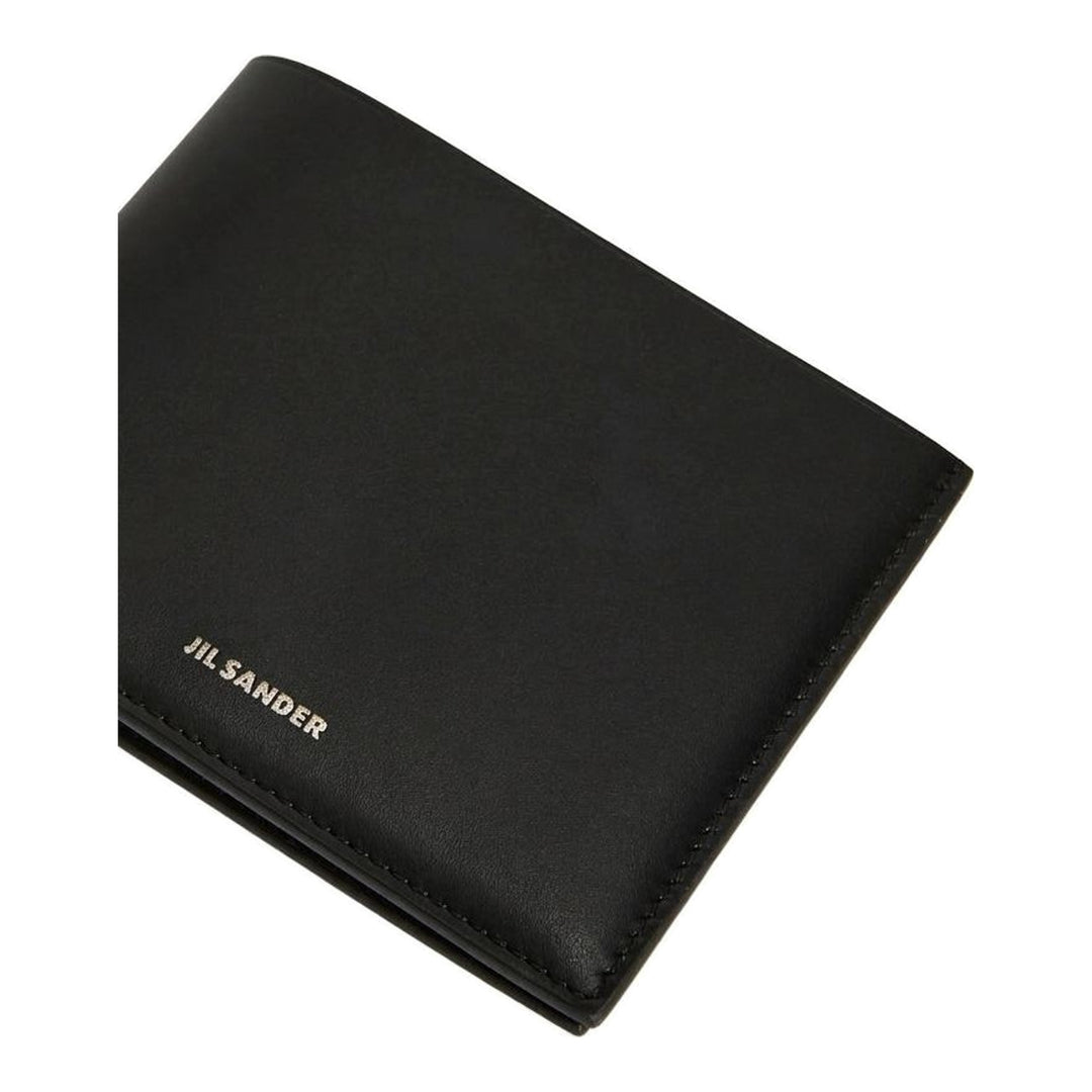 Jil Sander Soft Calf Pocket Wallet in black smooth leather with silver-tone embossed logo lettering on the front face - packshot
