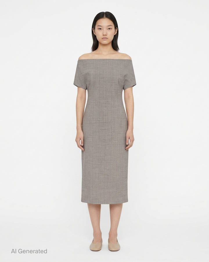 Jil Sander grey subtle check wool midi dress with off-the-shoulder neckline and short cap sleeves - front