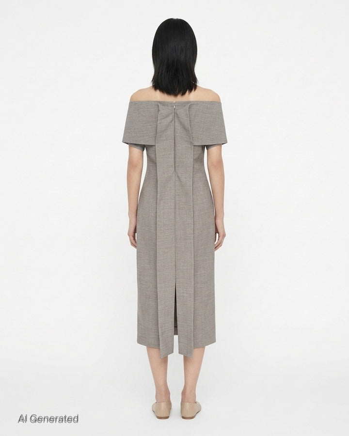 Jil Sander grey subtle check wool midi dress with off-the-shoulder neckline and short cap sleeves - back
