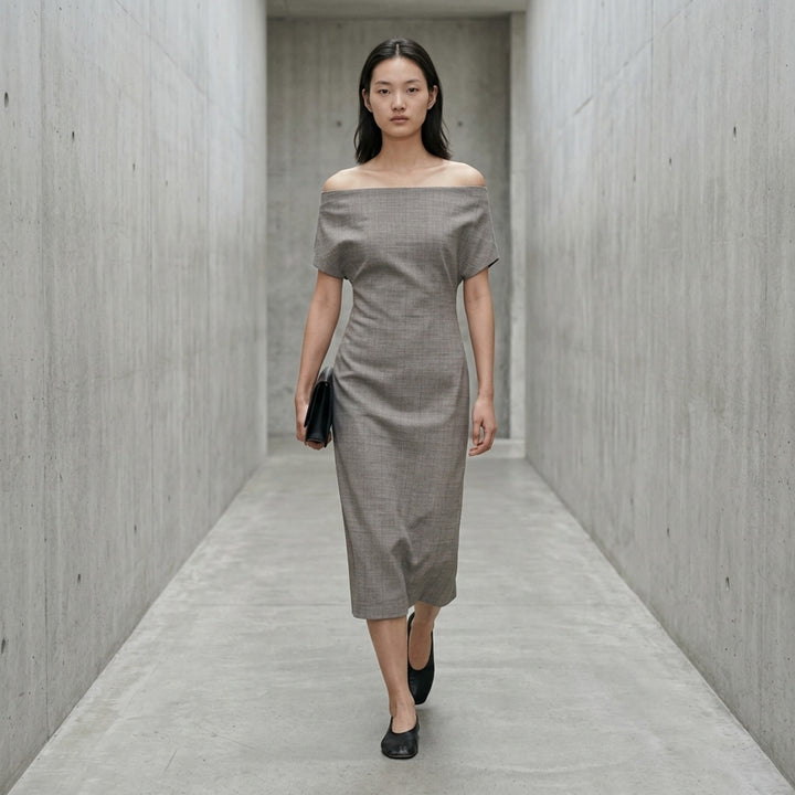 Jil Sander grey subtle check wool midi dress with off-the-shoulder neckline and short cap sleeves - lifestyle