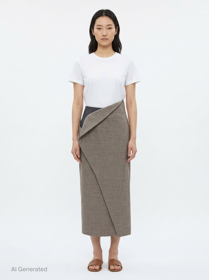 Jil Sander Subtle Check Wrap Skirt in taupe melange wool with sculptural origami fold at waist and diagonal overlay seam, midi length, side view - front