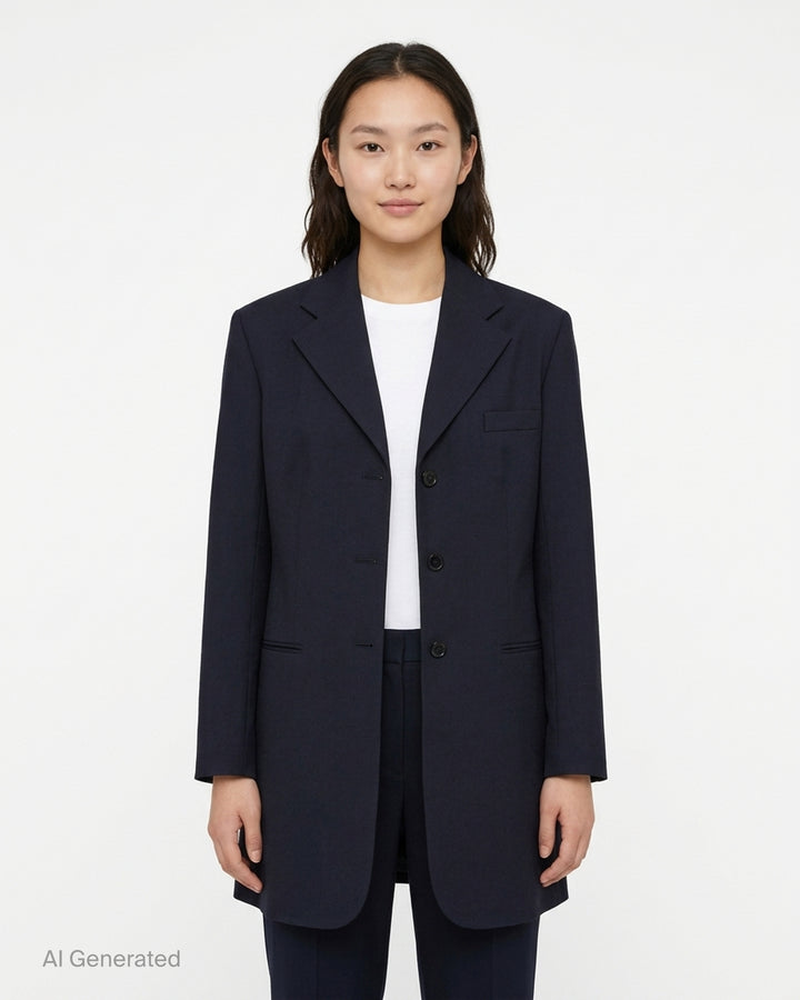 Jil Sander navy stretch wool longline single-breasted jacket with notched lapel and three-button front - front