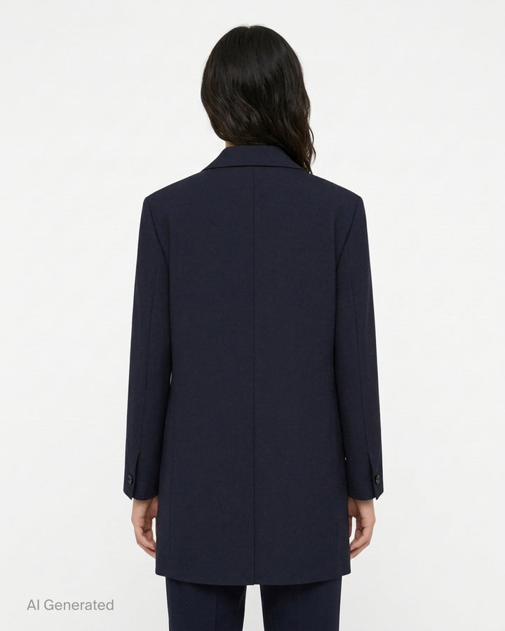 Jil Sander navy stretch wool longline single-breasted jacket with notched lapel and three-button front - back