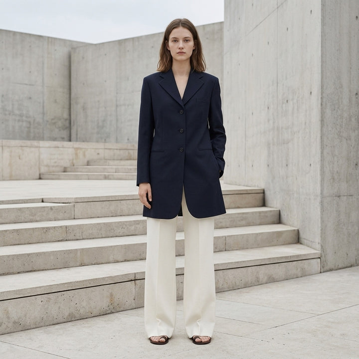 Jil Sander navy stretch wool longline single-breasted jacket with notched lapel and three-button front - lifestyle