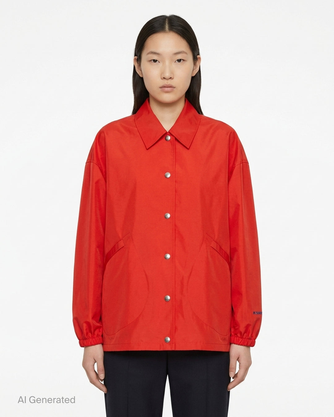 Jil Sander red technical coach jacket with pointed collar, silver snap-button front, curved pockets and elasticated cuffs - front