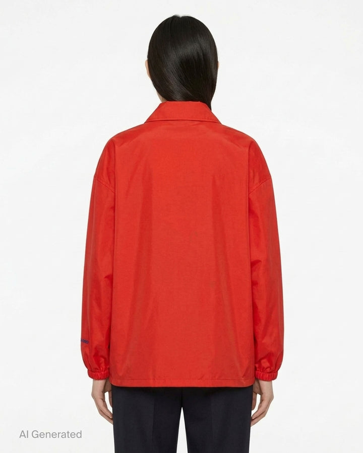 Jil Sander red technical coach jacket with pointed collar, silver snap-button front, curved pockets and elasticated cuffs - back