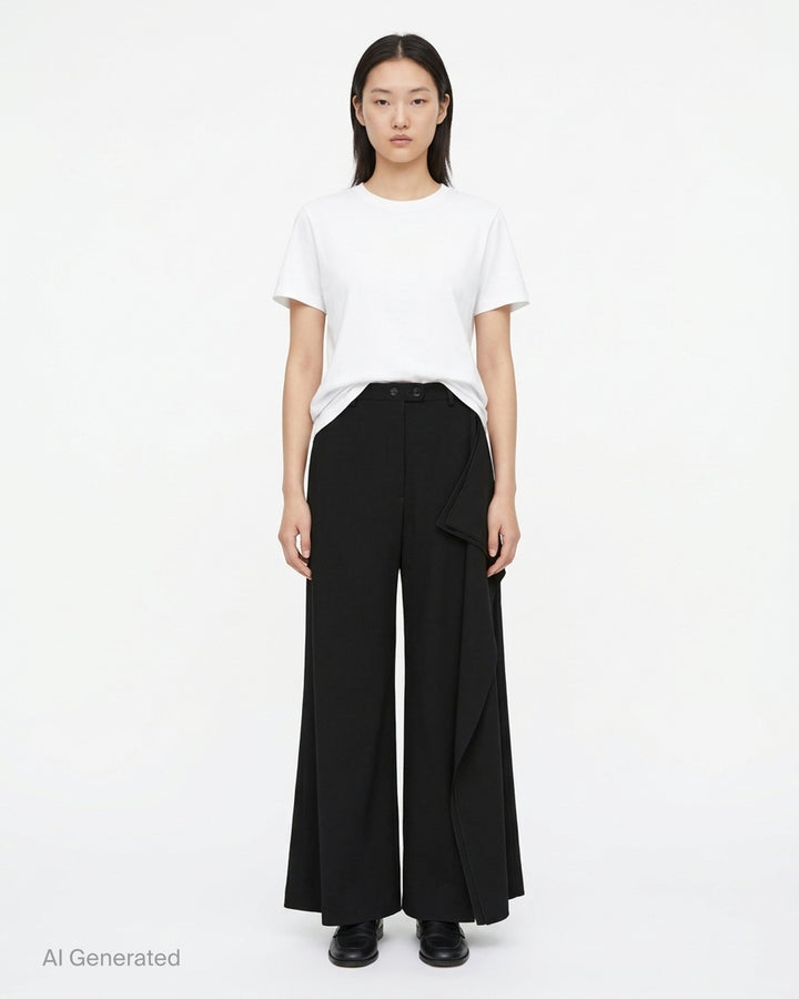 Jil Sander black wide-leg trousers with a cascading draped panel and button-fastened waistband, shown from the front - front