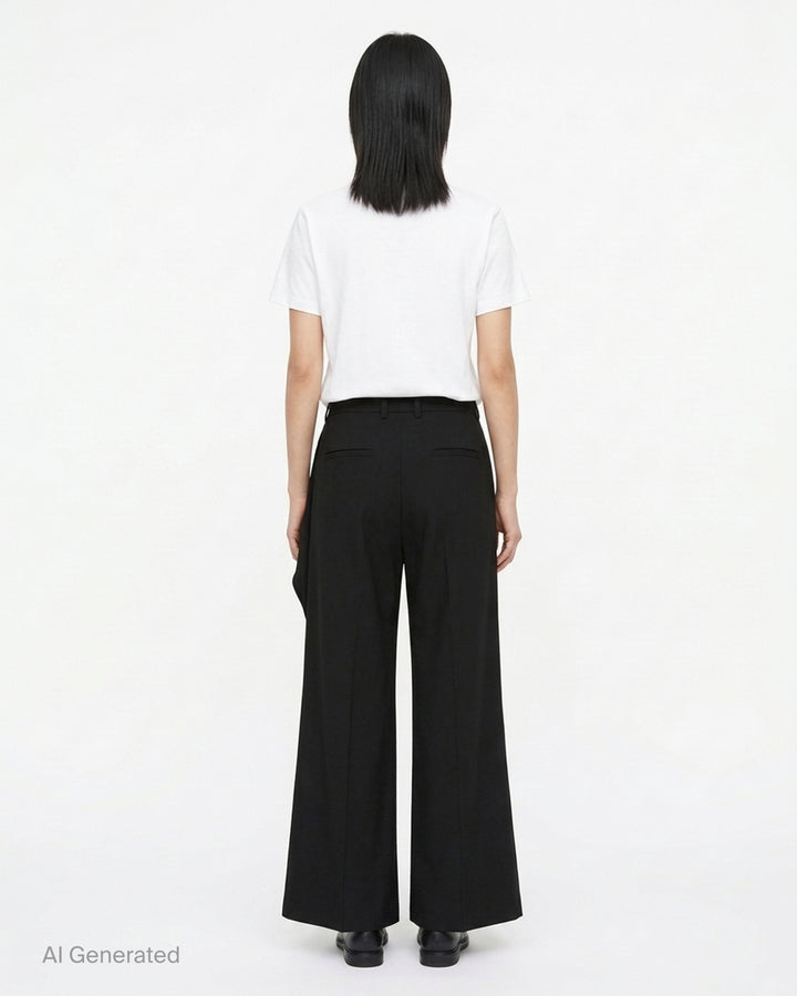 Jil Sander black wide-leg trousers with a cascading draped panel and button-fastened waistband, shown from the front - back