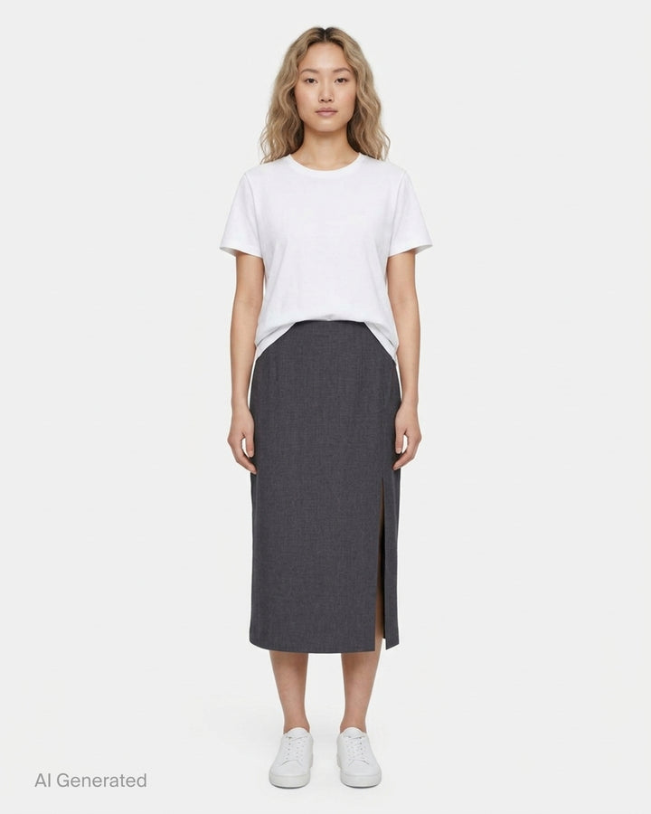 Jil Sander charcoal grey wool mohair pencil skirt with a high waist and side slit, shown front view - front