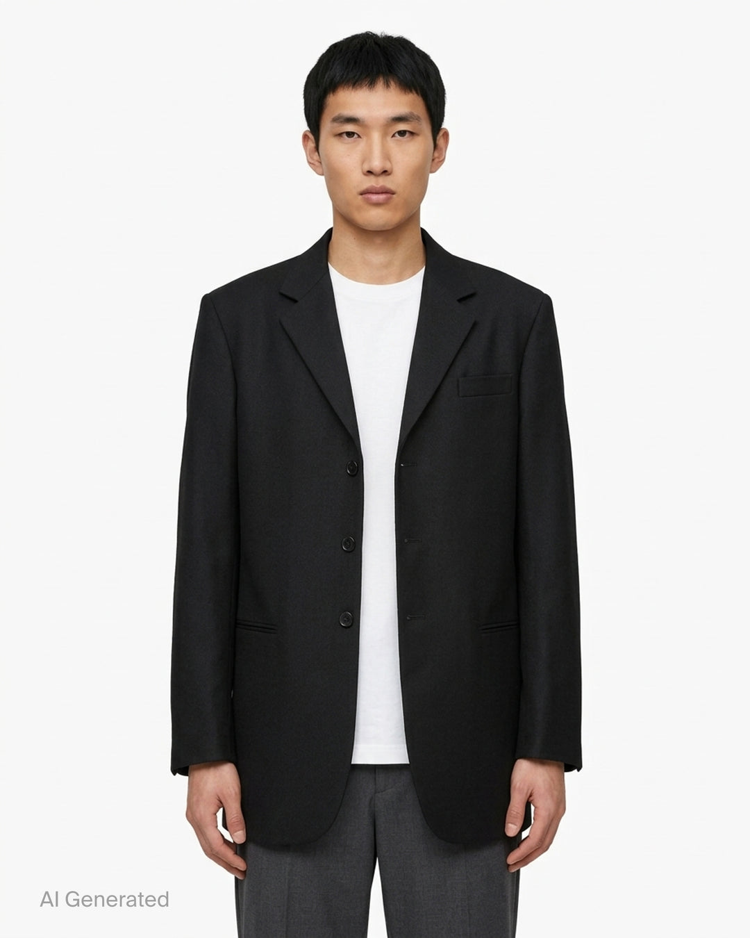 Jil Sander black single-breasted wool mohair jacket with notch lapels and three-button closure, shown from the front - front