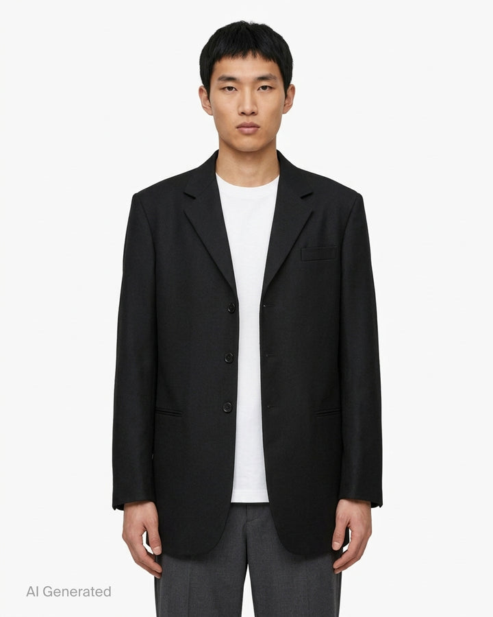 Jil Sander black single-breasted wool mohair jacket with notch lapels and three-button closure, shown from the front - front