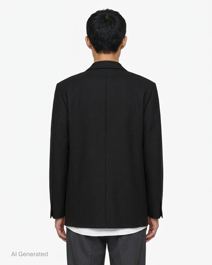 Jil Sander black single-breasted wool mohair jacket with notch lapels and three-button closure, shown from the front - back