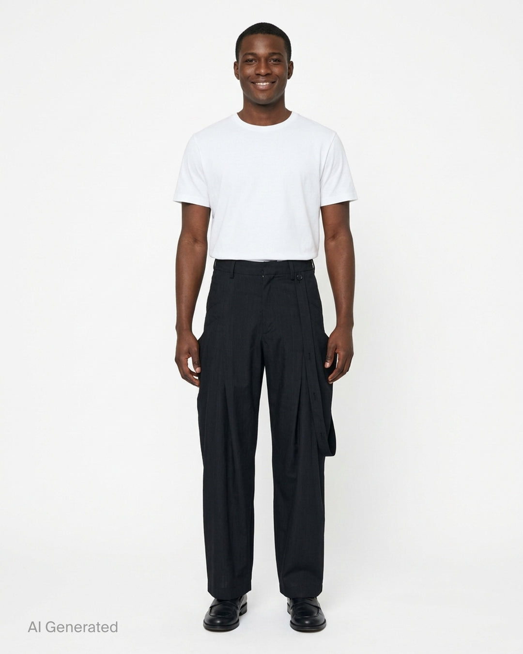 JiyongKim black Layered Panel Trousers with draped buttoned panel and sculpted side volume, shown from the front - front
