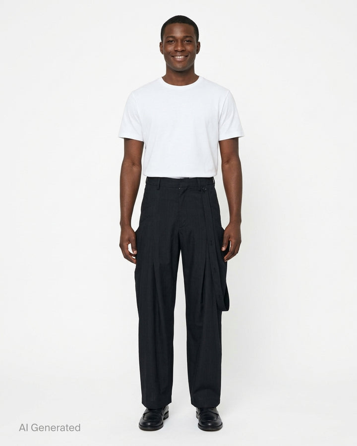 JiyongKim black Layered Panel Trousers with draped buttoned panel and sculpted side volume, shown from the front - front