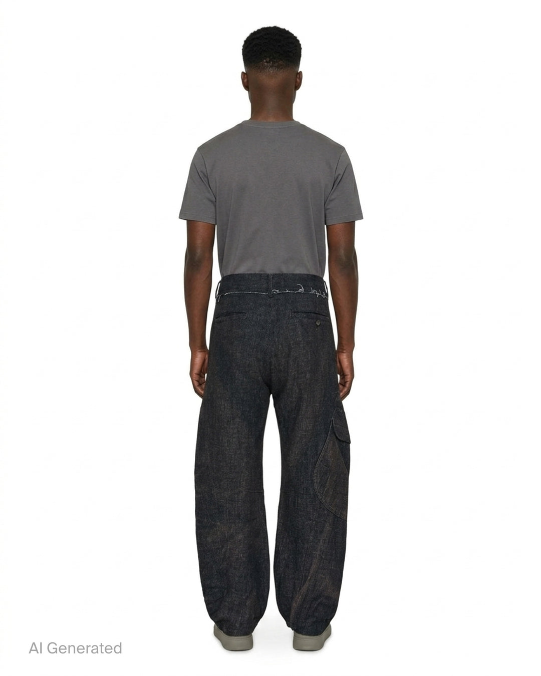 JiyongKim sun-bleached wide-leg trousers in faded charcoal with oversized 3D cargo pockets and a frayed waistband, front view - back
