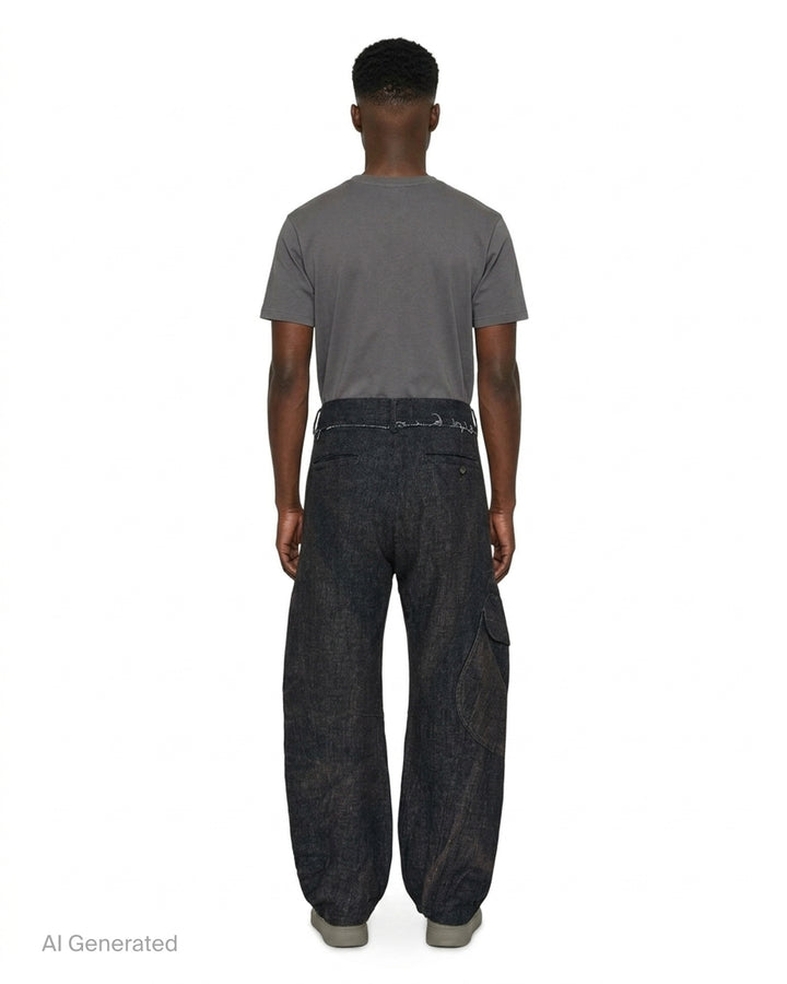 JiyongKim sun-bleached wide-leg trousers in faded charcoal with oversized 3D cargo pockets and a frayed waistband, front view - back