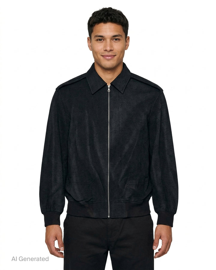 Jiyongkim black sun-bleached oversized blouson jacket with zip front, pointed collar, shoulder epaulettes and ribbed hem - front