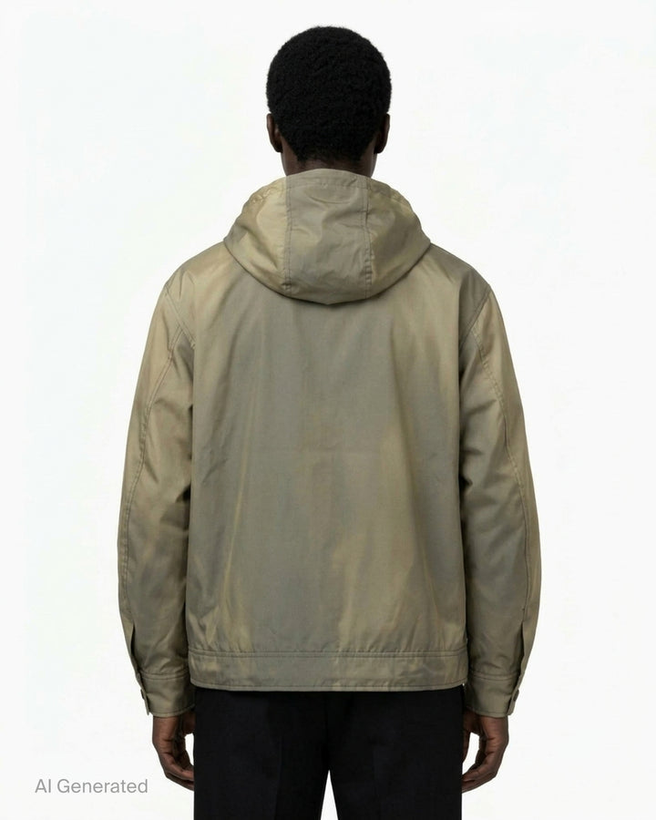JiyongKim Sun-Bleached Oversized Jacket in faded olive-khaki with asymmetric button closure, drawcord hood and rounded sleeves, shown flat against a white background - back