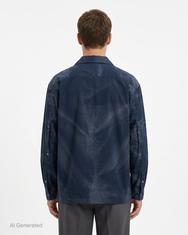 JiyongKim Sun-Bleached Strap Shirt in navy with faded finish, camp collar, chest pocket and button strap sleeves - back