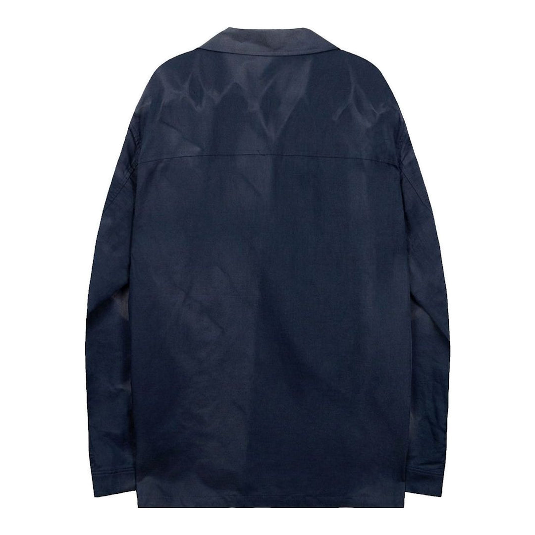 JiyongKim Sun-Bleached Strap Shirt in navy with faded finish, camp collar, chest pocket and button strap sleeves - packshot